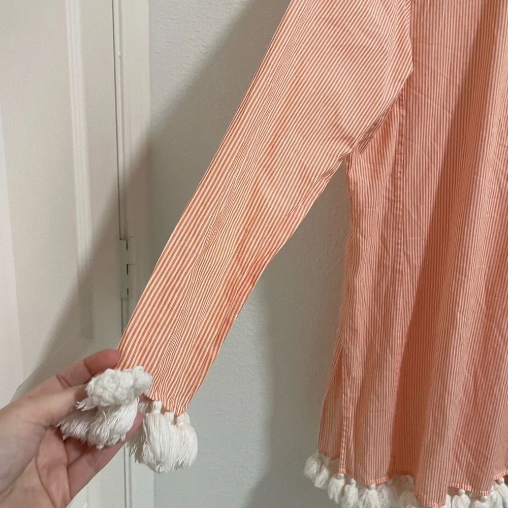 Tory Burch Peach Striped Button Down swim cover up dress with Tassels